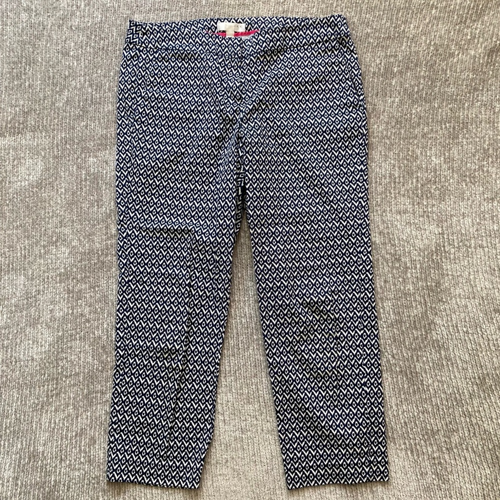 Kenar Navy White Ikat Print Slim Crop Pants Size 10 Stretch Cotton‎ Blend